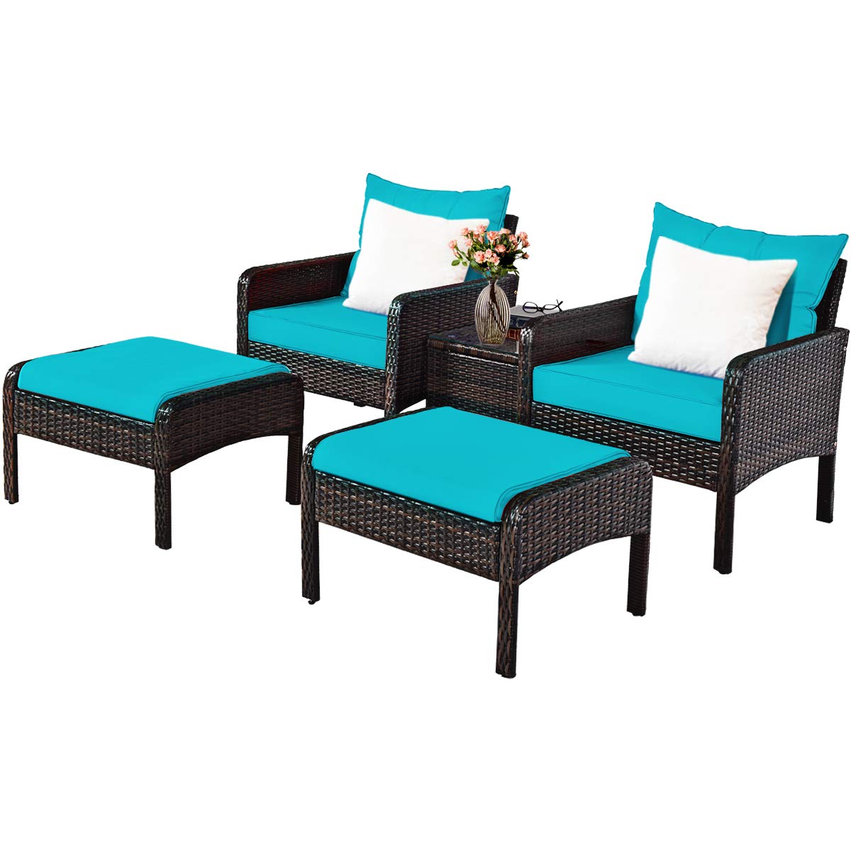 Tangkula Wicker Furniture Set 5 Pieces PE Wicker Rattan Outdoor All Weather Cushioned Sofas